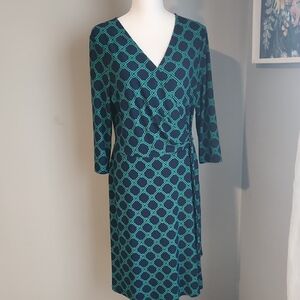 Chaps Navy & Green Dress Ruched Wrap V-Neck Size L